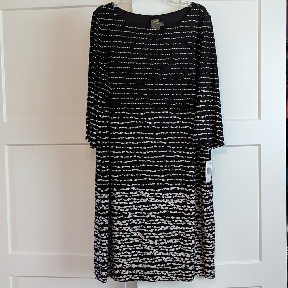 Taylor Woman Black Ivory Stripped Knee Length Dress, 18W